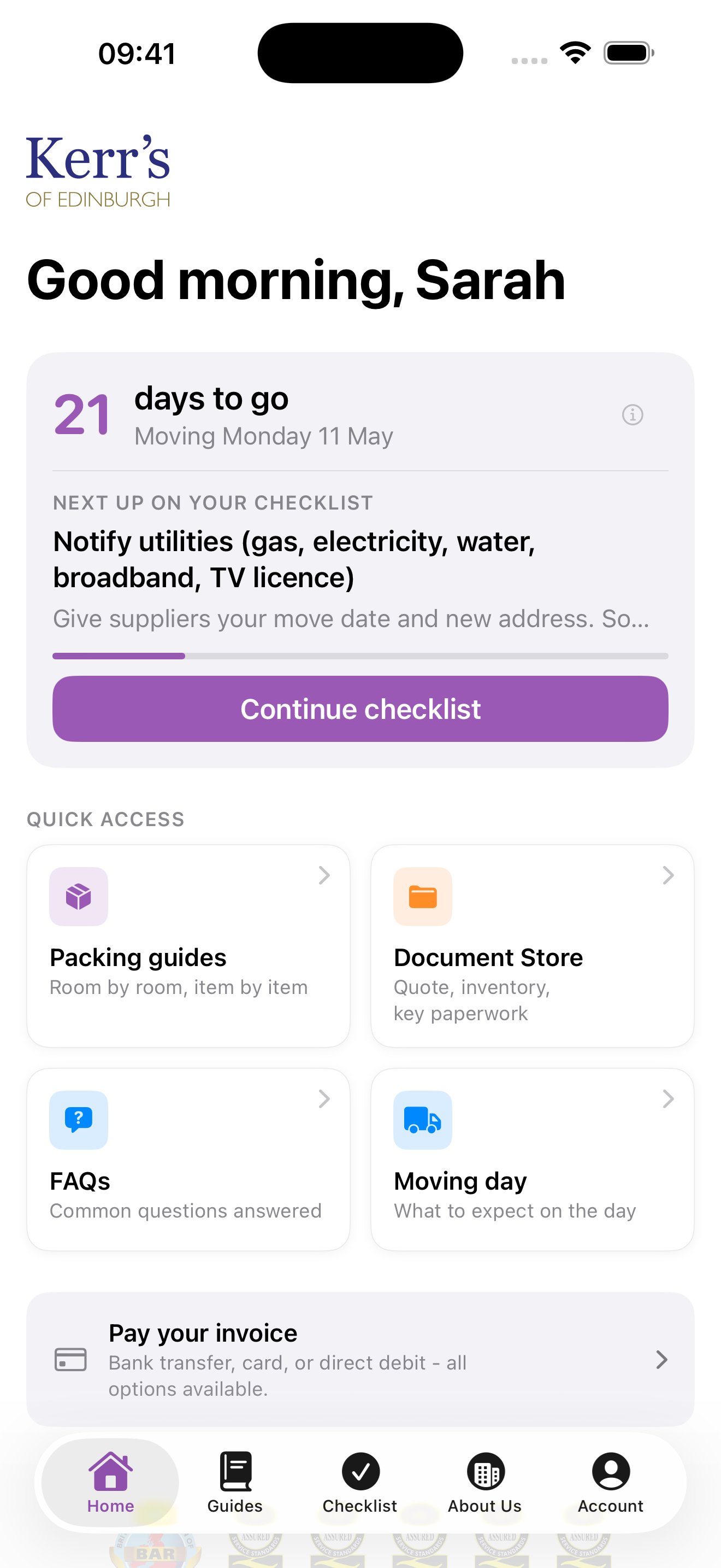 MoveGuide home screen showing a branded removal company app